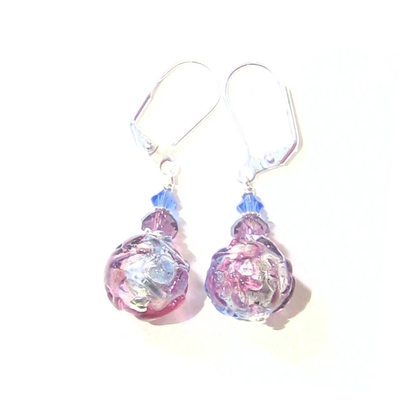 Murano Glass Pink Blue Purple Glacier Ball Sterling Silver Earrings - JKC Murano