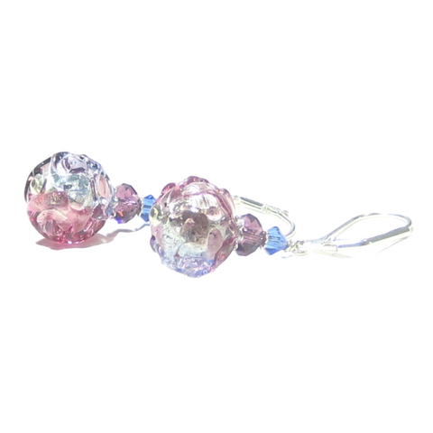 Murano Glass Pink Blue Purple Glacier Ball Sterling Silver Earrings - JKC Murano