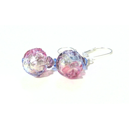 Murano Glass Pink Blue Purple Glacier Ball Sterling Silver Earrings - JKC Murano