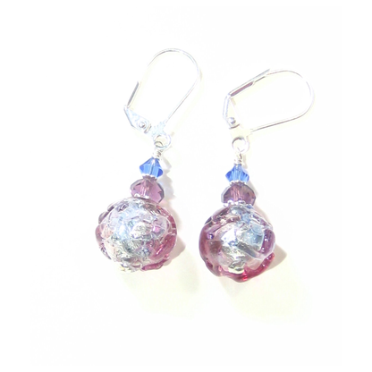 Murano Glass Pink Blue Purple Glacier Ball Sterling Silver Earrings - JKC Murano