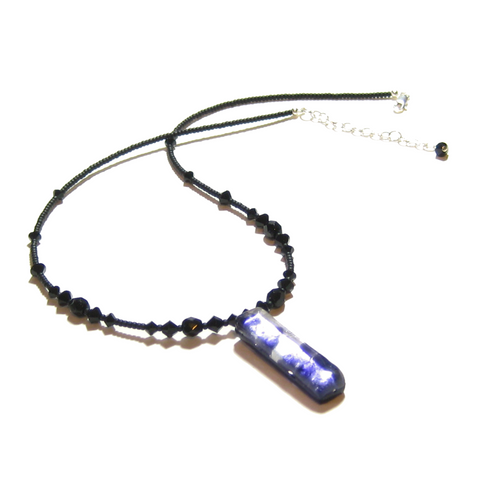 Murano Glass Purple Black Rectangle Pendant Silver Necklace, Venetian Jewelry