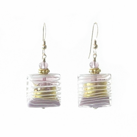Murano Glass Pale Purple Striped Square Gold Earrings, Venetian Jewelry - JKC Murano