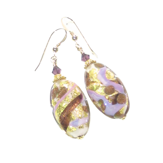 Murano Glass Purple Gold Copper Oval Dangle Gold Earrings - JKC Murano