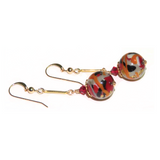 Murano Glass Colorful Black Red Orange Abstract Ball Gold Earrings