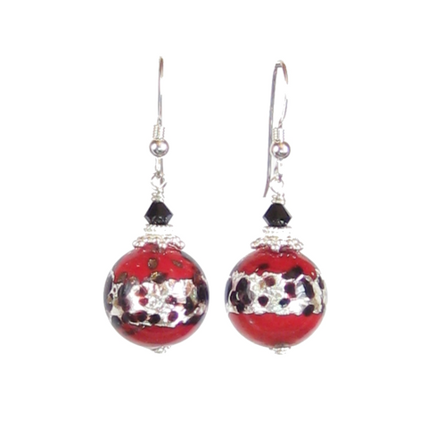 Murano Glass Red Leopard Ball Sterling Silver Earrings - JKC Murano