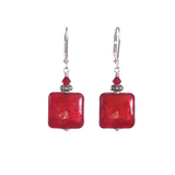 Murano Glass Red Square Sterling Silver Earrings, Venetian Jewelry