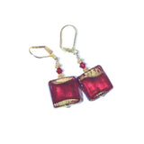 Murano Glass Chunky Red Square Gold Earrings, Venetian Jewelry