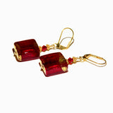 Murano Glass Chunky Red Square Gold Earrings, Venetian Jewelry