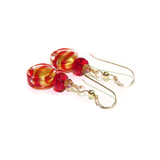 Murano Glass Cherry Red Striped Coin Gold Earrings