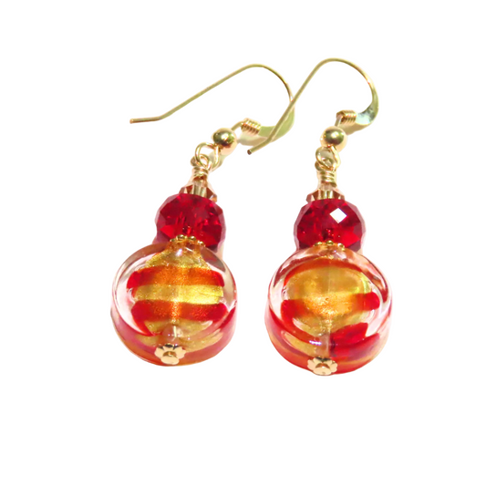 Murano Glass Cherry Red Striped Coin Gold Earrings