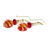 Murano Glass Cherry Red Striped Coin Gold Earrings