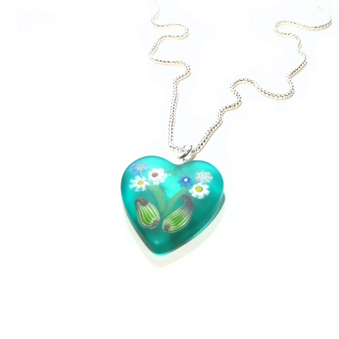 Murano Glass Sea Green Millefiori Heart Pendant