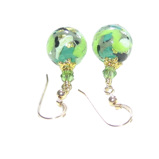 Murano Glass Green Gray Abstract Ball Gold Earrings