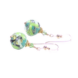 Murano Glass Green Black Gray Abstract Ball Gold Earrings