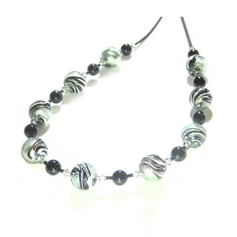 Murano Glass Black Steel Zebra Swirl Silver Necklace - JKC Murano