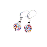 a pair of earrings with multicolored glass beads