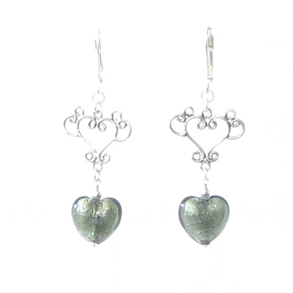 Murano Glass Gray Heart Long Dangle Silver Earrings - JKC Murano
