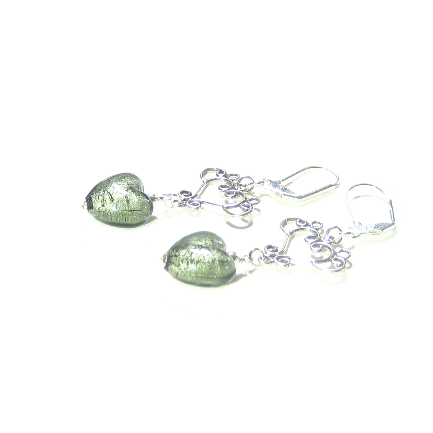Murano Glass Gray Heart Long Dangle Silver Earrings - JKC Murano