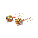 Murano Glass Topaz Green Copper Square Gold Earrings