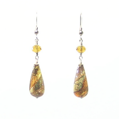 Murano Glass Topaz Swirl Teardrop Gold Earrings
