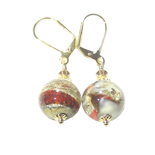 Murano Glass Red White Brown Gold Earrings - JKC Murano