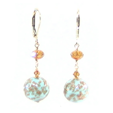 Murano Glass Turquoise Ball Gold Earrings, Venetian Jewelry - JKC Murano