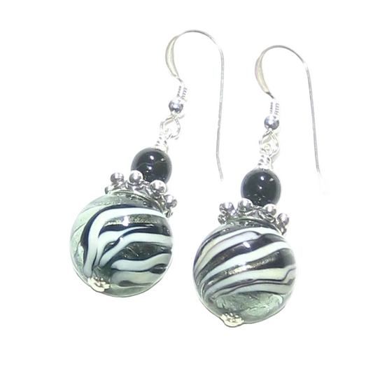 Murano Glass Black Steel Swirl Ball Silver Earrings, Italian Jewelry - JKC Murano