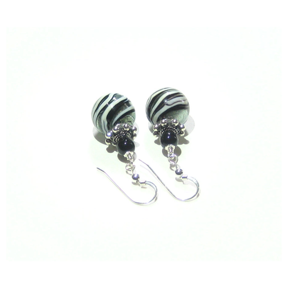 Murano Glass Black Steel Swirl Ball Silver Earrings, Italian Jewelry - JKC Murano