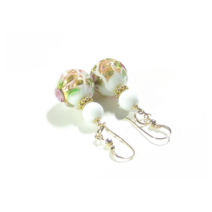 Murano Glass White Wedding Cake Rose Gold Earrings - JKC Murano