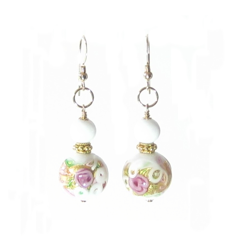 Murano Glass White Wedding Cake Rose Gold Earrings - JKC Murano